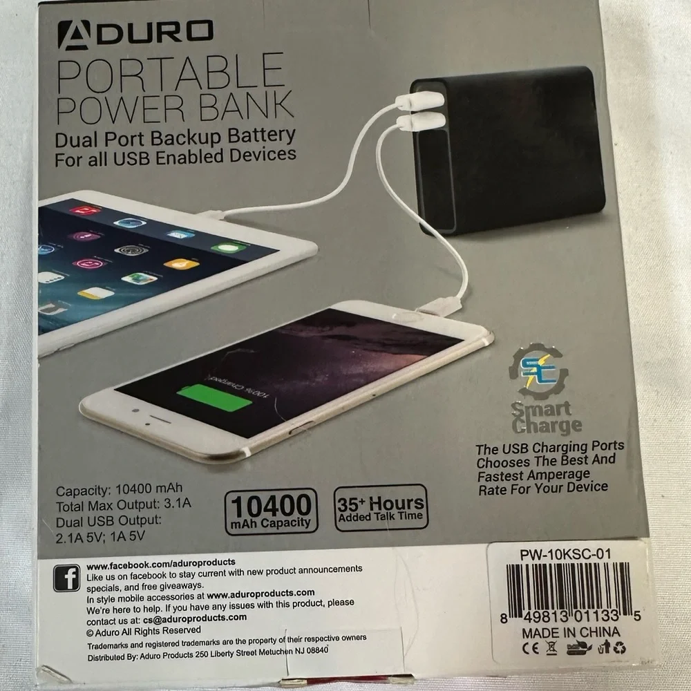 ADURO Portable Power Bank Battery 10,400mAh USB Battery Device NIB